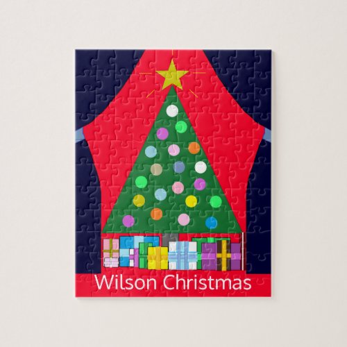 Green Christmas Tree with Blue Curtains Jigsaw Puzzle