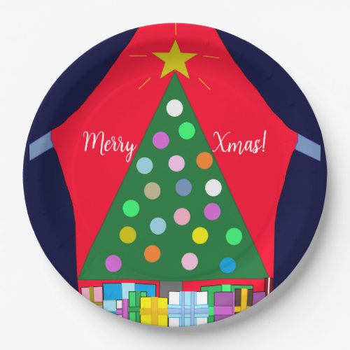 Green Christmas Tree with Blue Curtains Party Paper Plates