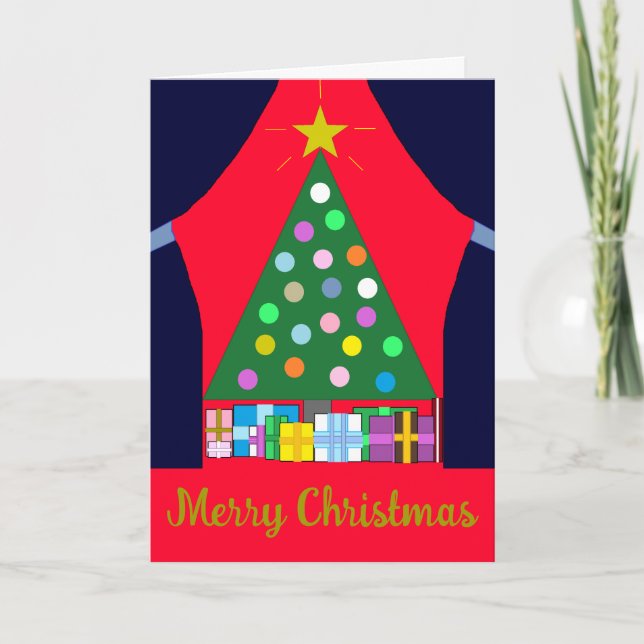 Green Christmas Tree with Blue Drapes: Card (Front)
