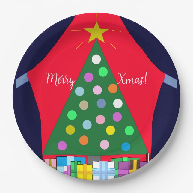 Green Christmas Tree with Blue Drapes: Paper Plates (Front)