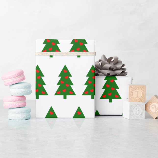 Green Christmas Tree With Red Hearts Wrapping Paper (Baby Shower)