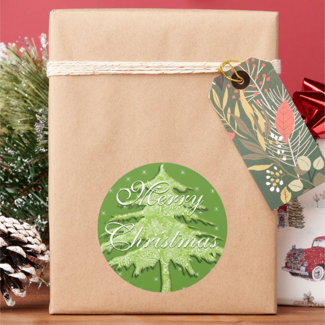 Green Christmas Tree with Stars Classic Round Sticker (Holiday)