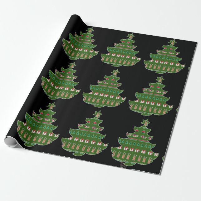 Green Christmas tree wrapping paper for gifts (Unrolled)