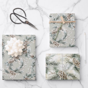 Green Christmas Tree Wreaths Pine Cones Wrapping Paper Sheets