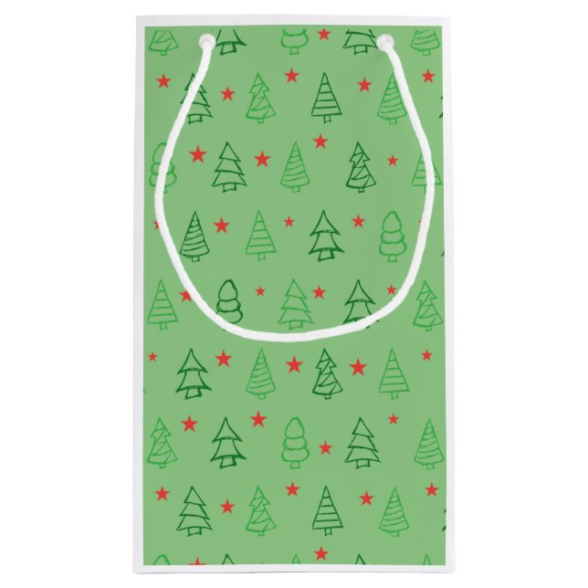 GREEN CHRISTMAS TREES AND RED STAR DESIGN SMALL GIFT BAG (Back)