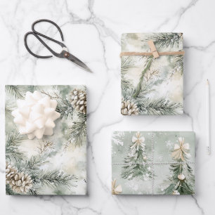 Green Christmas Trees Branches Pine Cones Wrapping Paper Sheets