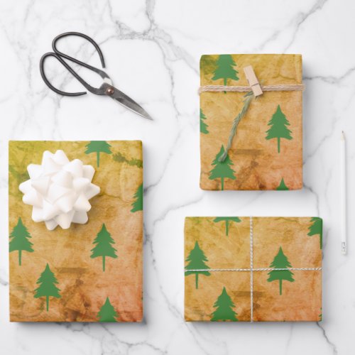 Green Christmas Trees Colorful Grass Background Wrapping Paper Sheets