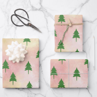 Green Christmas Trees Colorful Sky Background Wrapping Paper Sheets