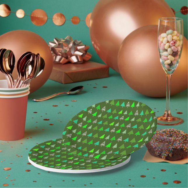 Green Christmas Trees Green Wonky Fun Paper Plates (Multi)