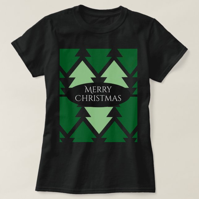 Green Christmas Trees Holiday Black T-Shirt (Design Front)