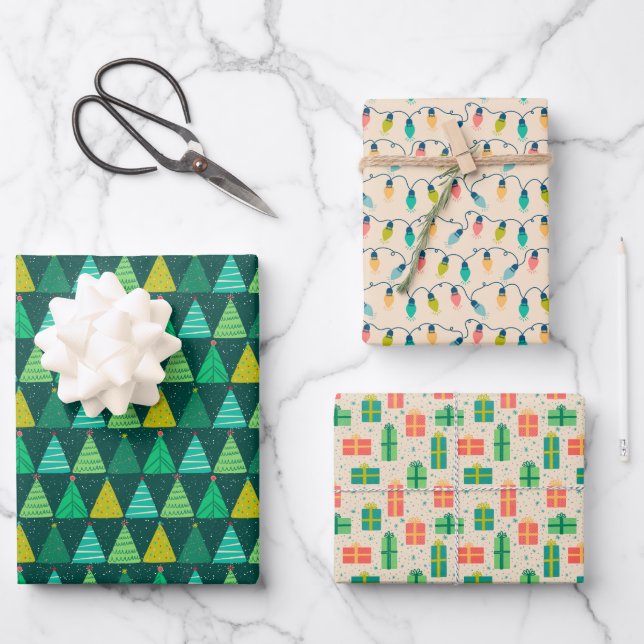Green Christmas Trees, Holiday Lights and Presents Wrapping Paper Sheets (Front)