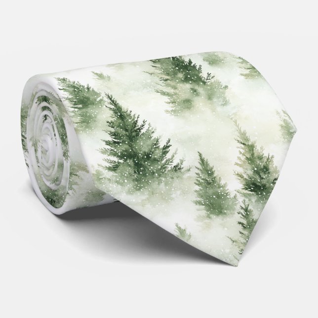 Green Christmas Trees In Snowstorm Neck Tie (Rolled)