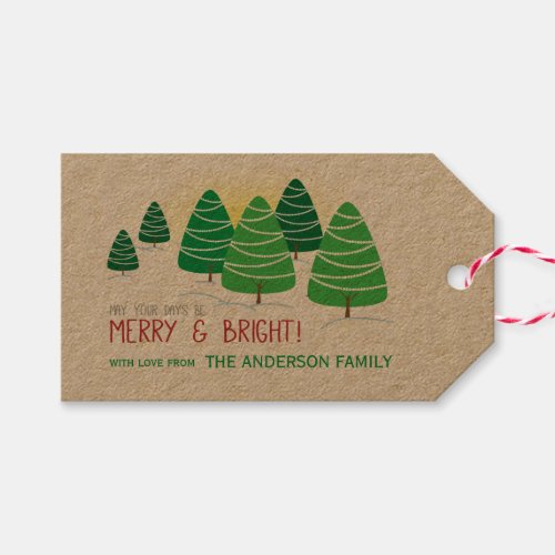 Green Christmas Trees Merry  Bright Personalize Gift Tags