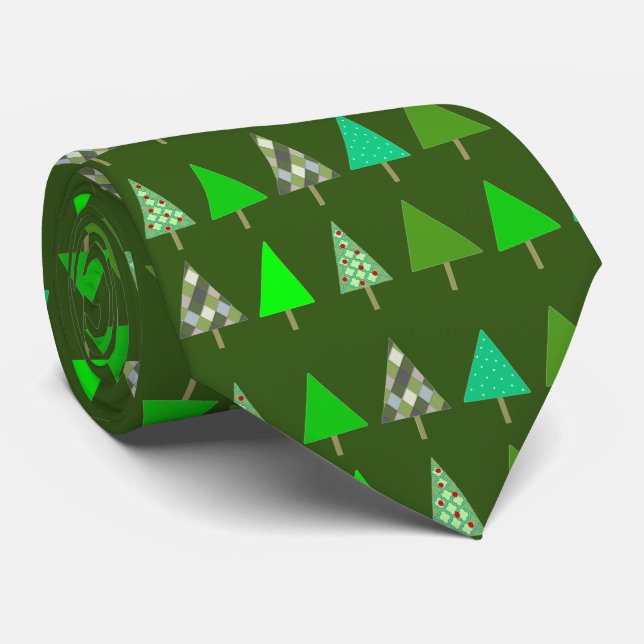 Green Christmas Trees on Green X-Mas Party Neck Tie (Rolled)