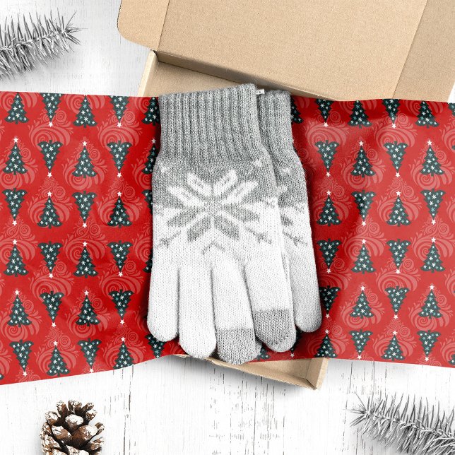 Green Christmas Trees on Red Swirl  Tissue Paper (Creator Uploaded)