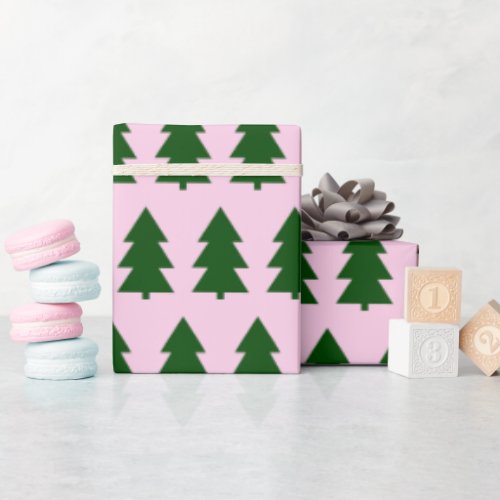 Green Christmas trees Paste Pink Wrapping Paper