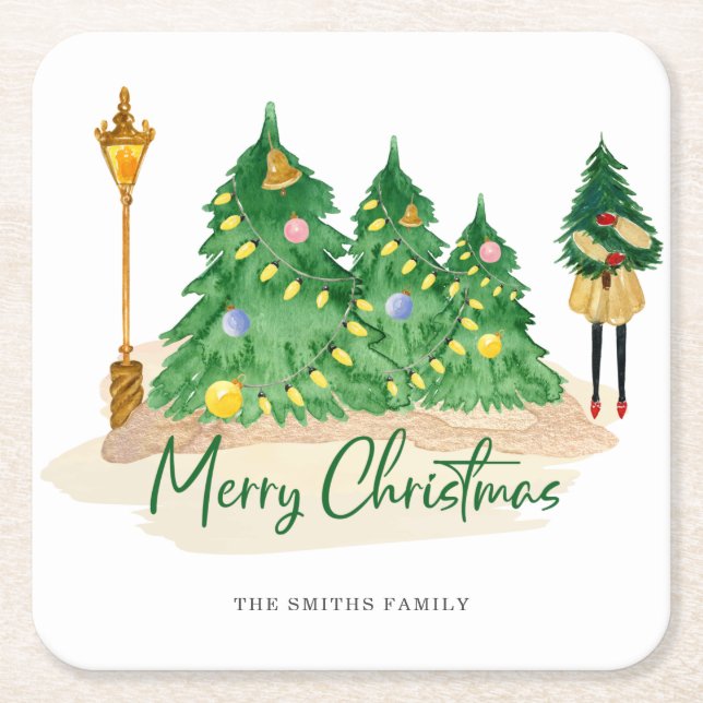 Green Christmas Trees Personalized Holiday Square Paper Coaster (Front)