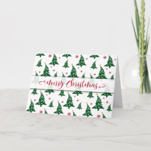 Green Christmas Trees & Red Snowflakes Pattern Holiday Card