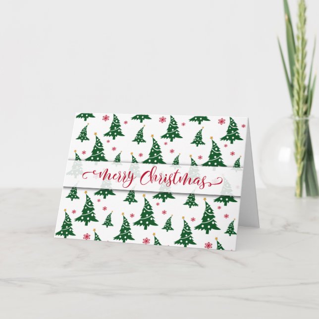 Green Christmas Trees & Red Snowflakes Pattern Holiday Card (Front)
