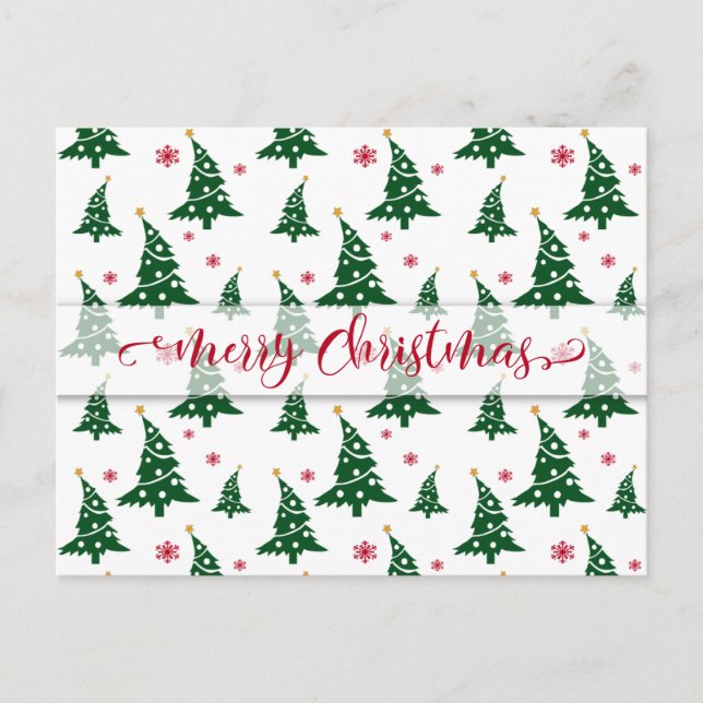 Green Christmas Trees & Red Snowflakes Pattern Holiday Postcard (Front)