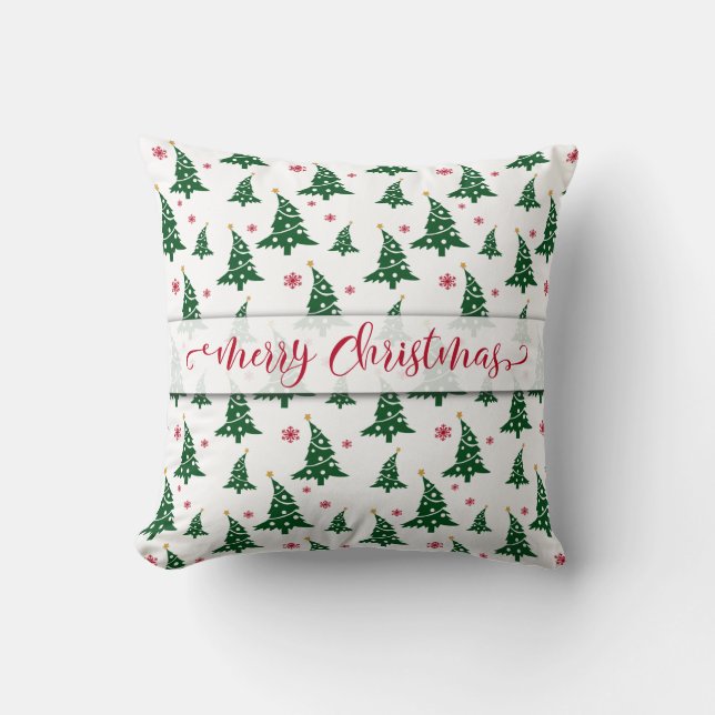 Green Christmas Trees & Red Snowflakes Pattern Throw Pillow (Front)