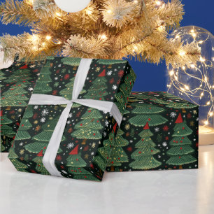 Green Christmas Trees Snowflakes Black Christmas Wrapping Paper