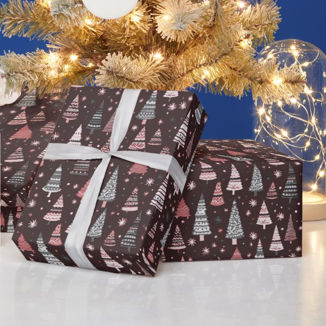 Green Christmas Trees Snowflakes Brown Christmas Wrapping Paper (Holidays)