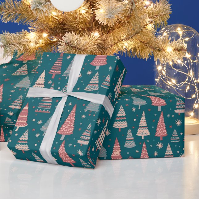 Green Christmas Trees Snowflakes Green Christmas Wrapping Paper (Holidays)