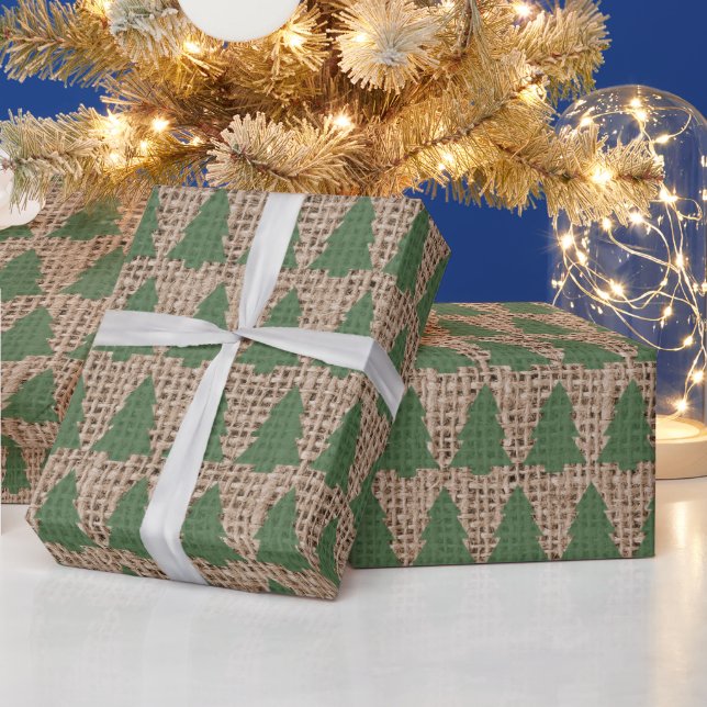 Green Christmas Trees- Tan Burlap Texture Wrapping Paper (Holidays)