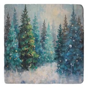 Green Christmas Trees Winter Forest Trivet