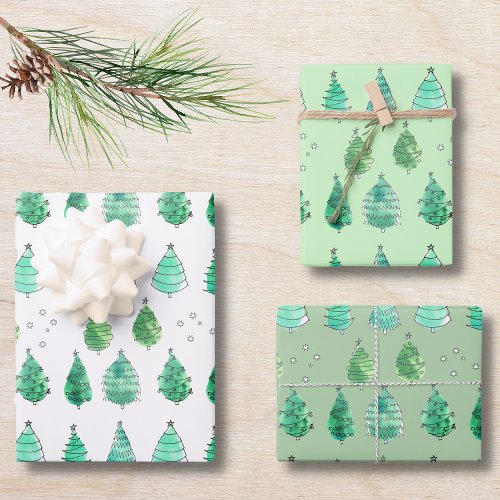  Green Christmas Trees Wrapping Paper Sheets