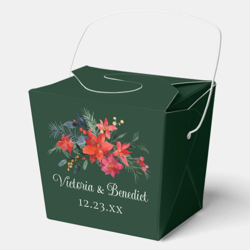 Green Christmas Wedding Red Poinsettia Floral Favor Boxes