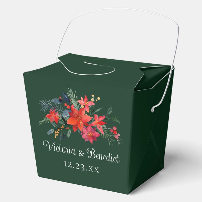 Green Christmas Wedding Red Poinsettia Floral Favor Boxes (Front)