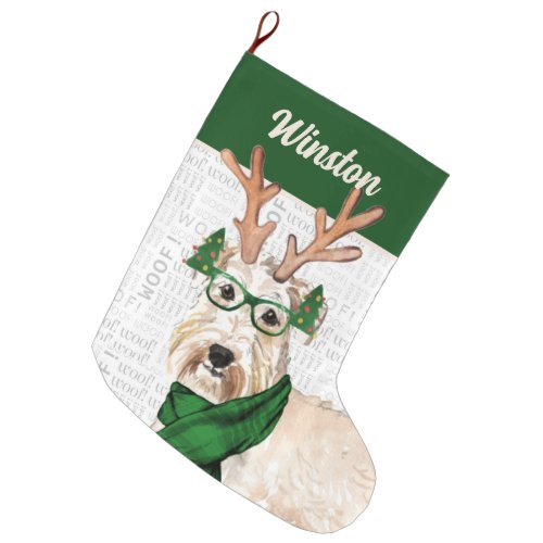 Green Christmas Wheaten Terrier with Dogs Name Large Christmas Stocking