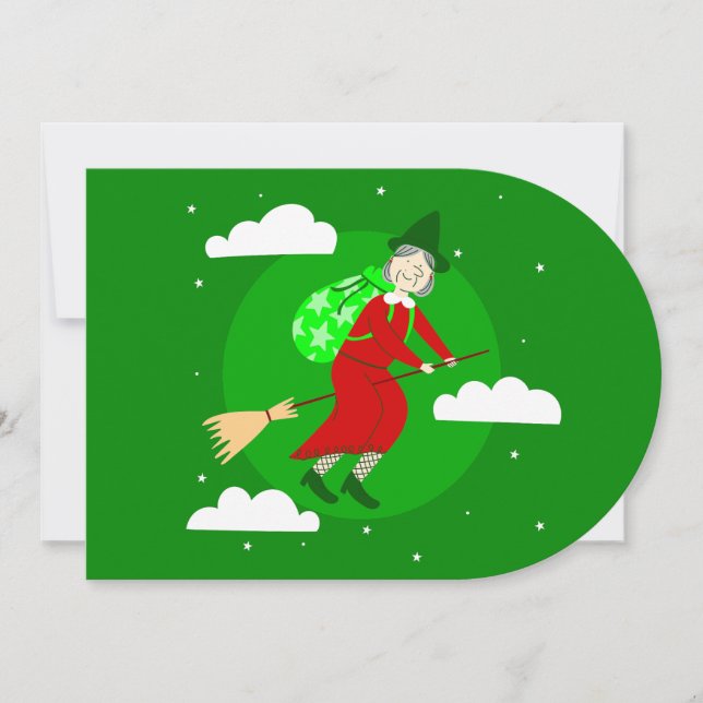 green christmas witch befana broomrider spookmas invitation (Front)