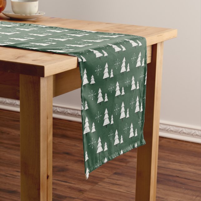 Green Christmas with pines and snowflakes Short Table Runner (In Situ)