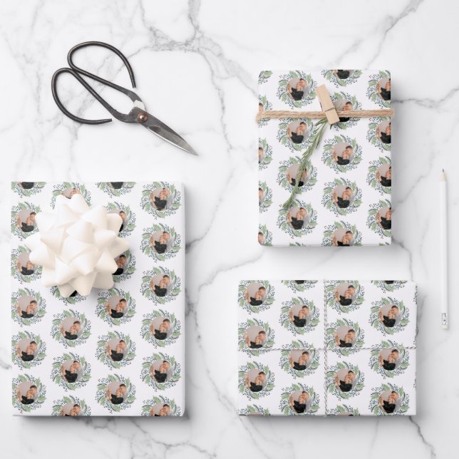 Green Christmas Wreath Family Photo Holiday Wrapping Paper Sheets (Front)