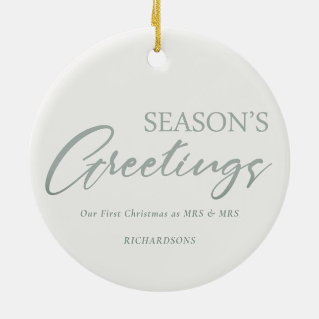 Green Christmas Wreath Photo Season's Greetings Ceramic Ornament (Back)