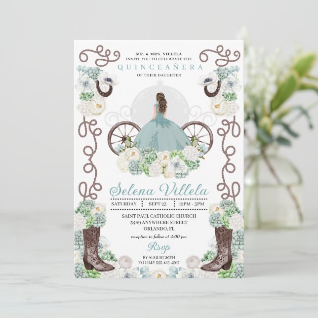 Green Cinderella Carriage Western Quinceañera Invitation (Standing Front)