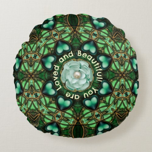 Green Circle of Love and Affirmations Round Pillow