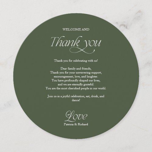 Green Circle Wedding Menu and Thank You Place Card