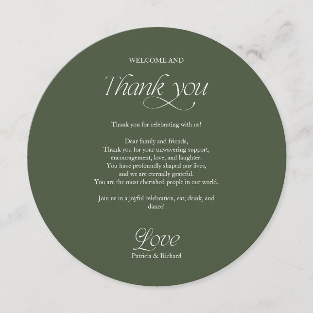Green Circle Wedding Menu and Thank You Place Card (Front)