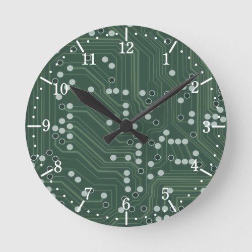 Green Circuit Board Background Pattern Art Round Clock