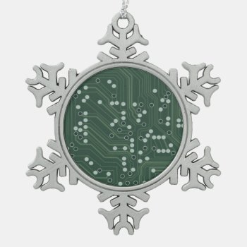Green Circuit Board Background Pattern Art Snowflake Pewter Christmas Ornament by warrior_woman at Zazzle