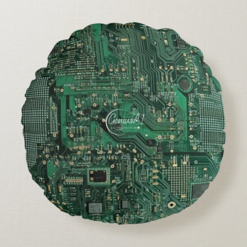 Green Circuit Board Round Polyester Throw Pillow 