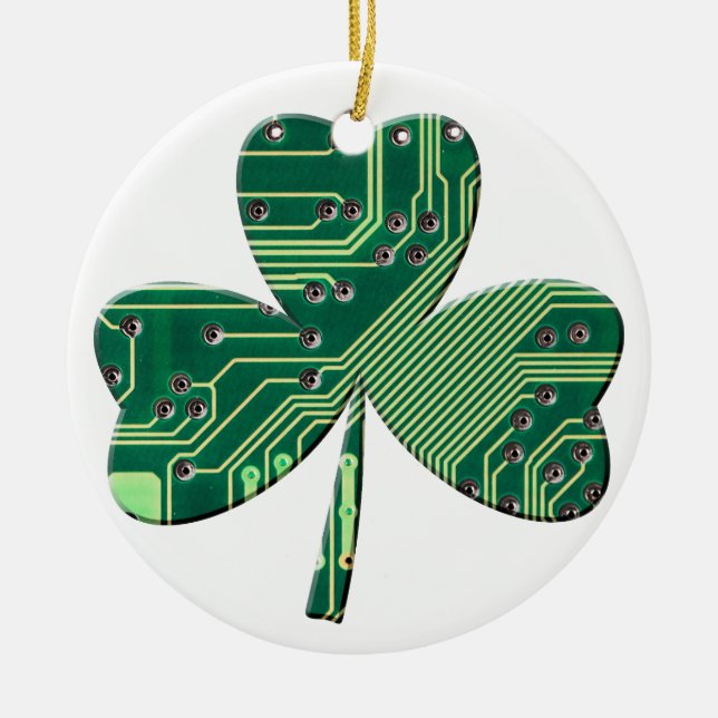 Green Circuit Board St Patrick Day Shamrock Ceramic Ornament (Front)