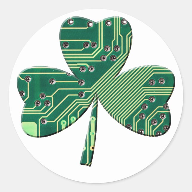 Green Circuit Board St Patrick Day Shamrock  Classic Round Sticker (Front)