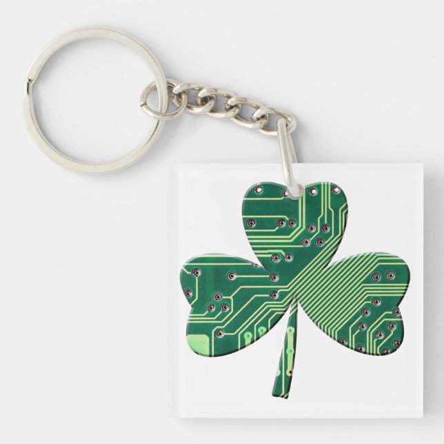 Green Circuit Board St Patrick Day Shamrock Keychain (Front)
