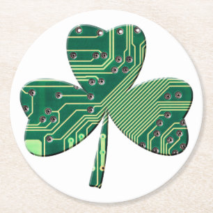 Green Circuit Board St Patrick Day Shamrock Round Paper Coaster