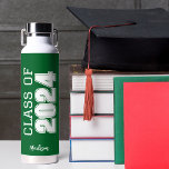 Green Class of 2024 Personalized Graduation Water Bottle<br><div class="desc">This classic green custom senior graduate water bottle features bold white typography reading class of 2024 in varsity letters for a high school or college graduation party keepsake gift. Customize with your name in elegant cursive script underneath for a great commemorative favor.</div>